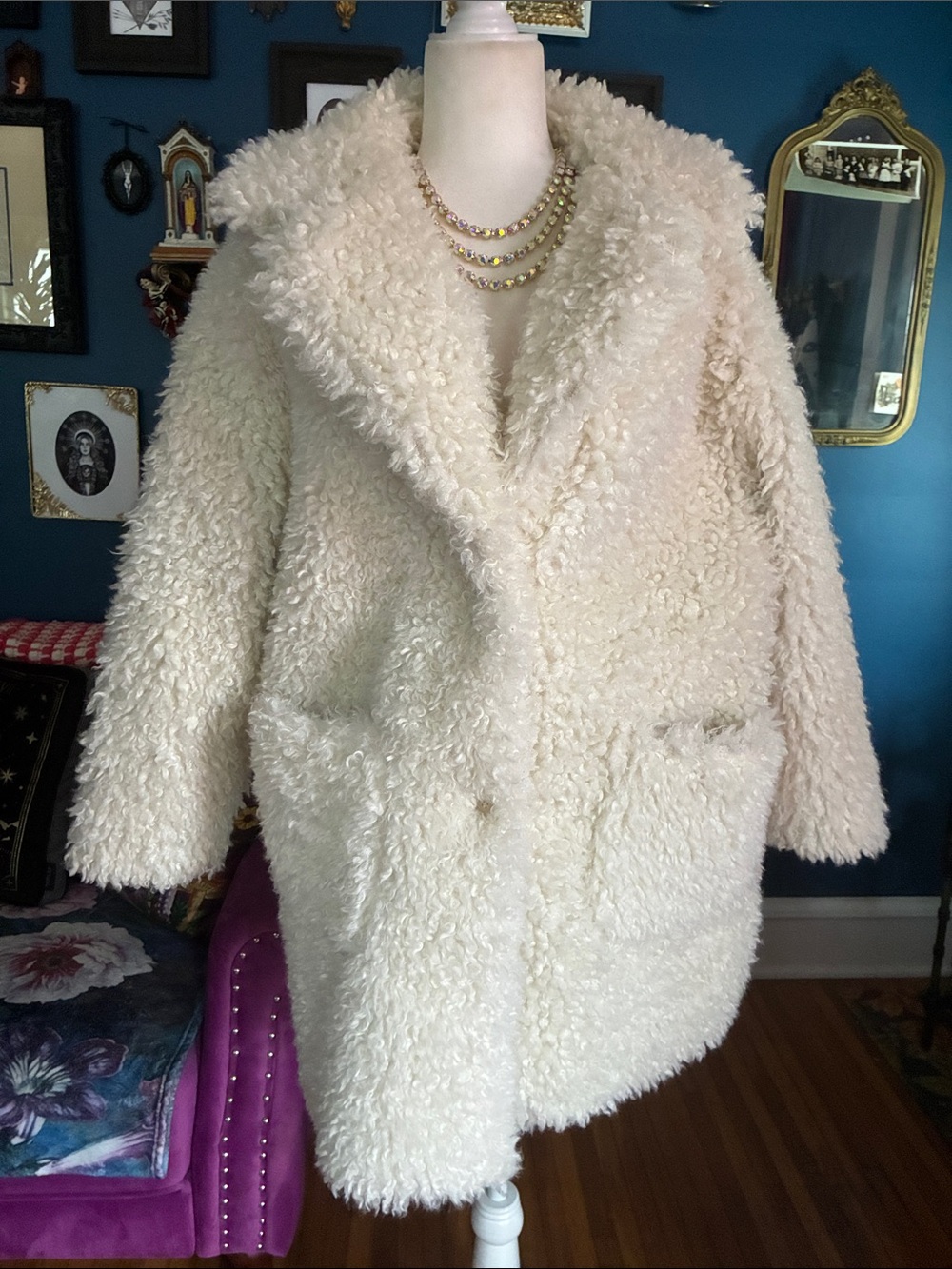 Zara Knitwear Ivory Teddy Bouclé Oversized Coat Size M